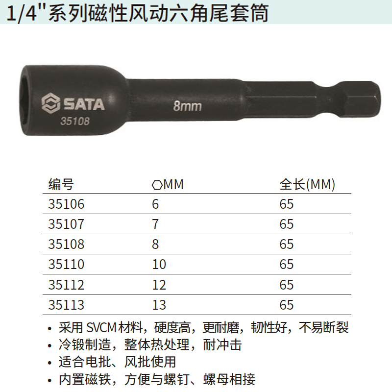 [35113] 1/4″系列磁性风动六角尾套筒13MM