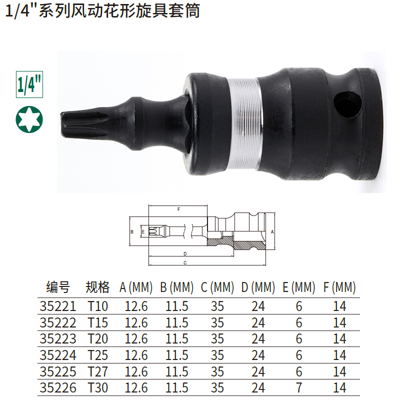 [35226] 1/4″系列风动花形旋具套筒T30