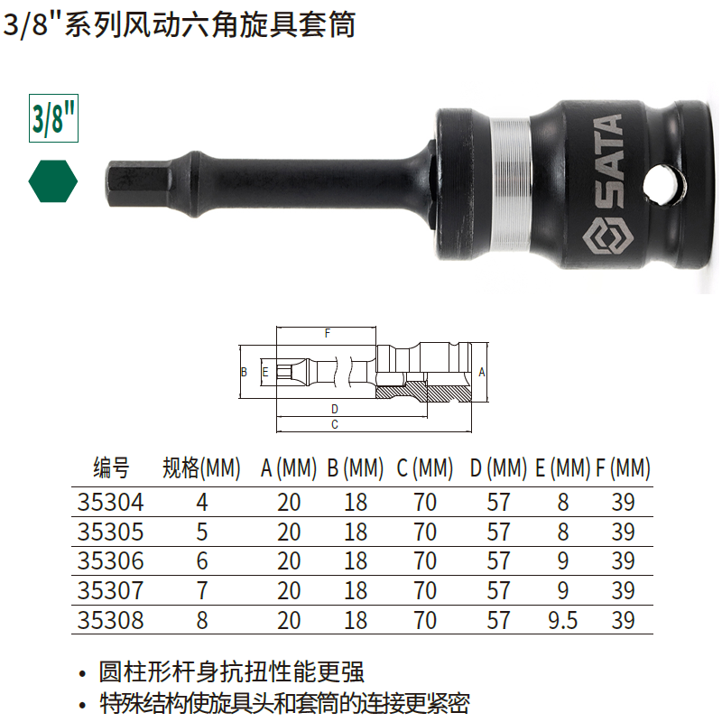 [35308] 3/8″系列风动六角旋具套筒8MM