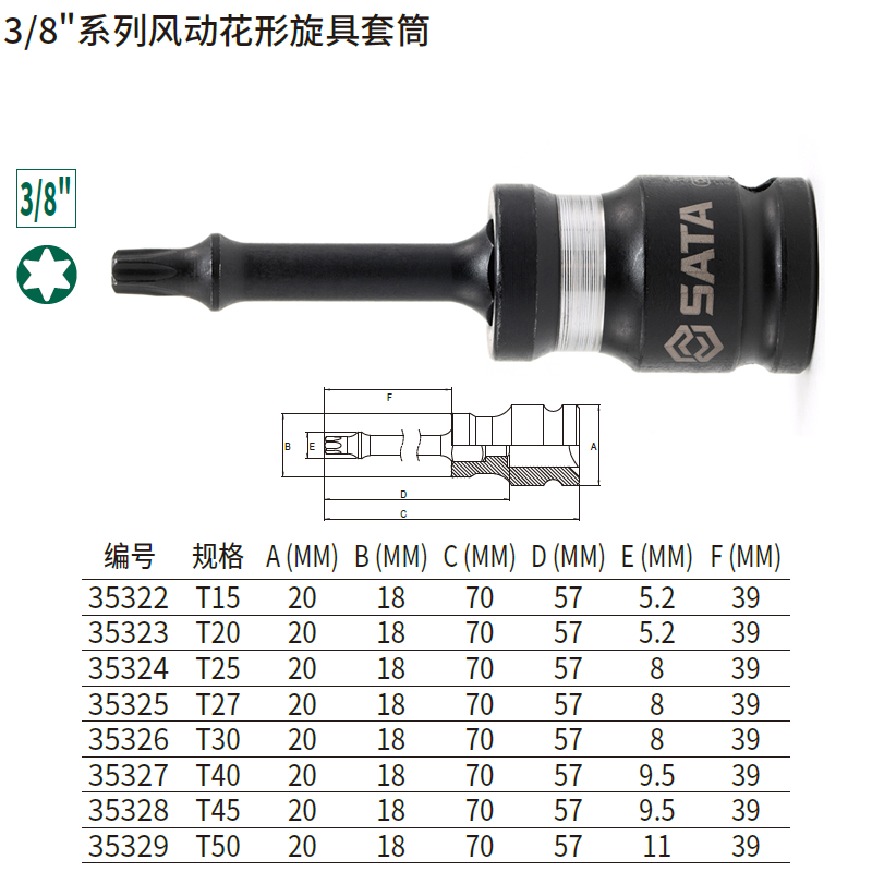 [35323] 3/8″系列风动花形旋具套筒T20