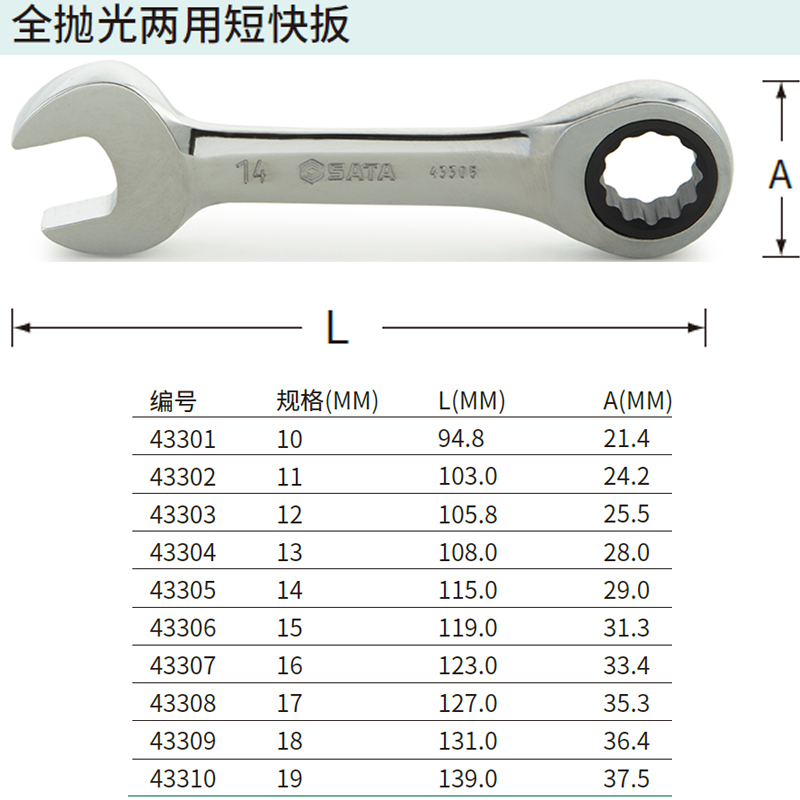 [43310] 全抛光两用短快扳19MM