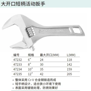 [47233] 大开口短柄活动扳手8"