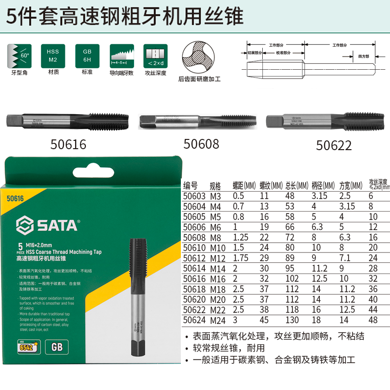 [50616] 5件套高速钢粗牙机用丝锥M16×2.0MM