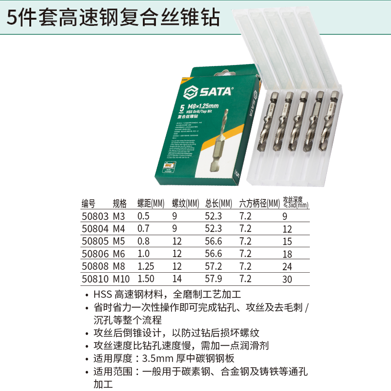 [50805] 5件套高速钢复合丝锥钻M5x0.8MM