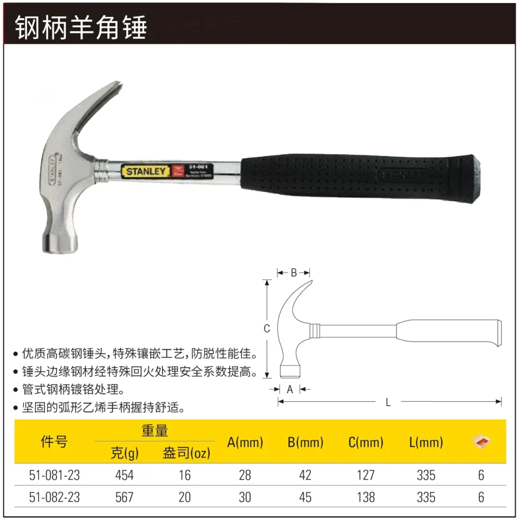 [51-081-23] 钢柄羊角锤16oz