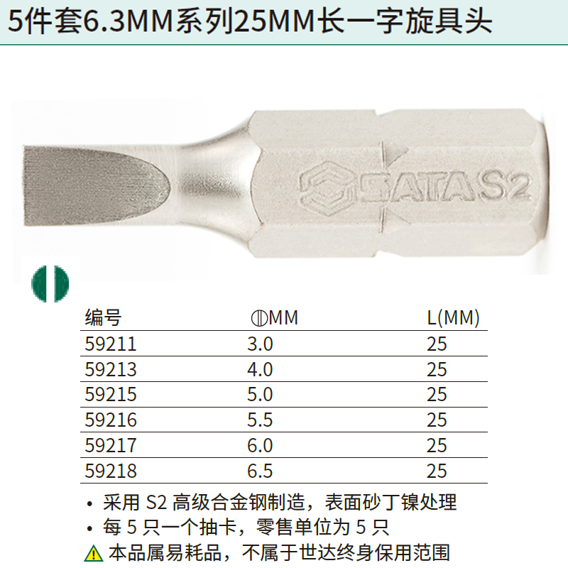 [59218] 5件套6.3MM系列25MM长一字旋具头6.5MM
