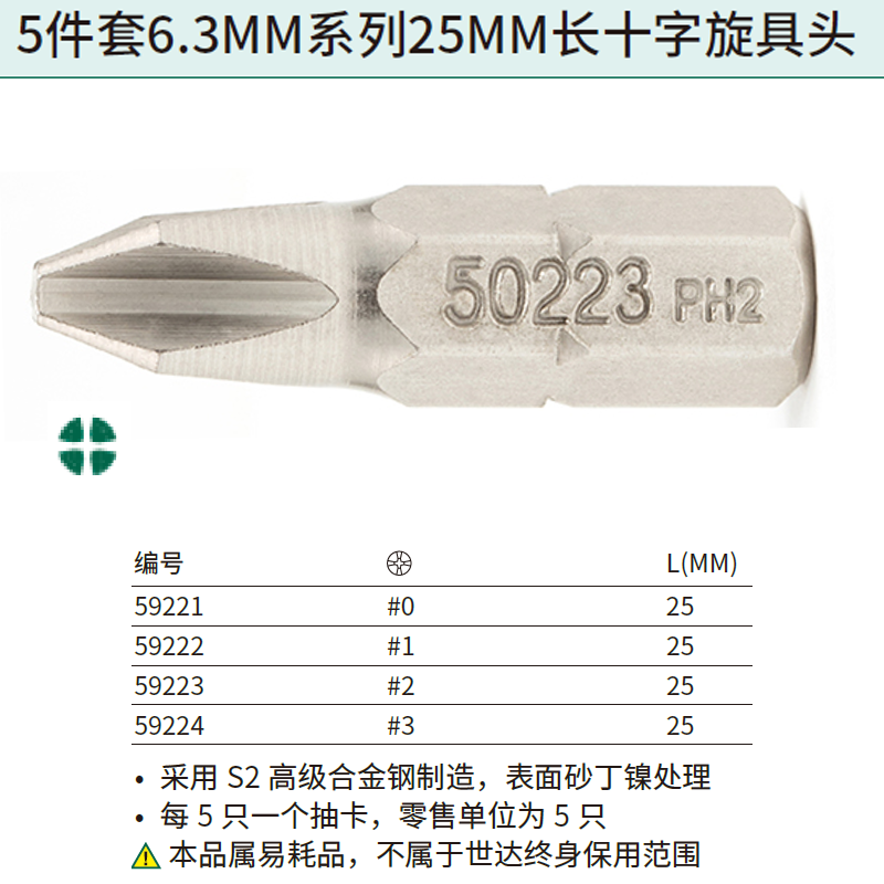 [59221] 5件套6.3MM系列25MM长十字旋具头#0