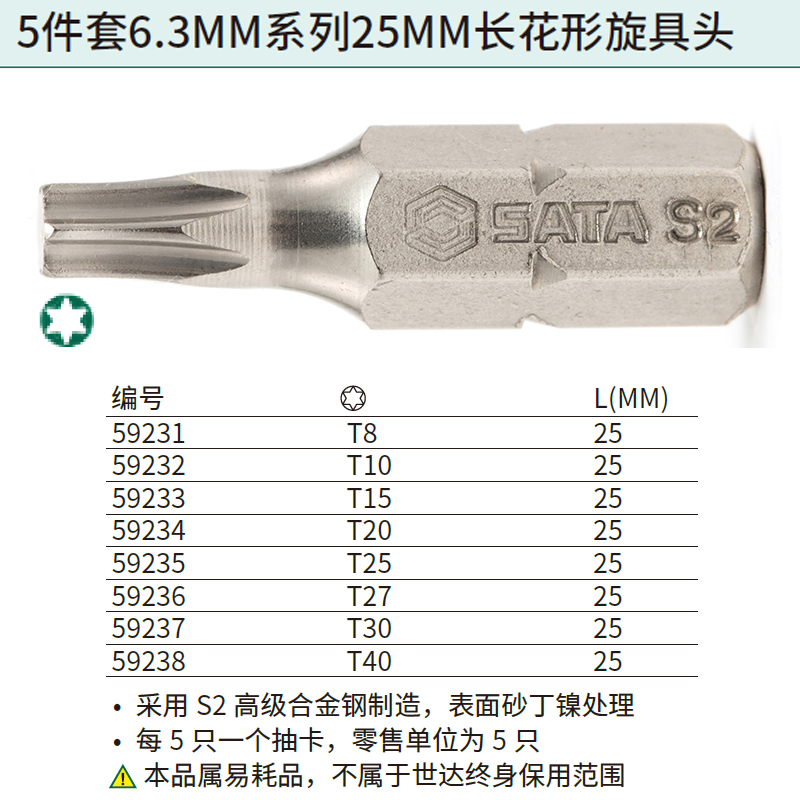 [59233] 5件套6.3MM系列25MM长花形旋具头T15
