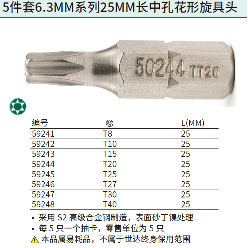 [59245] 5件套6.3MM系列25MM长中孔花形旋具头TT25