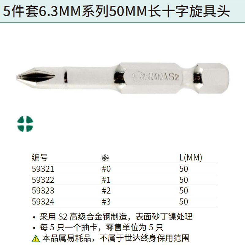 [59322] 5件套6.3MM系列50MM长十字旋具头#1