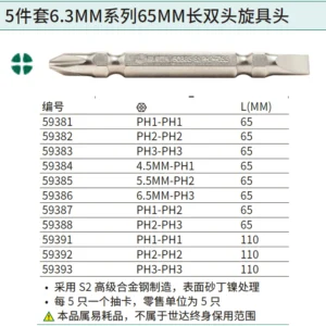 [59386] 5件套6.3MM系列65MM长双头旋具头#3/6.5MM