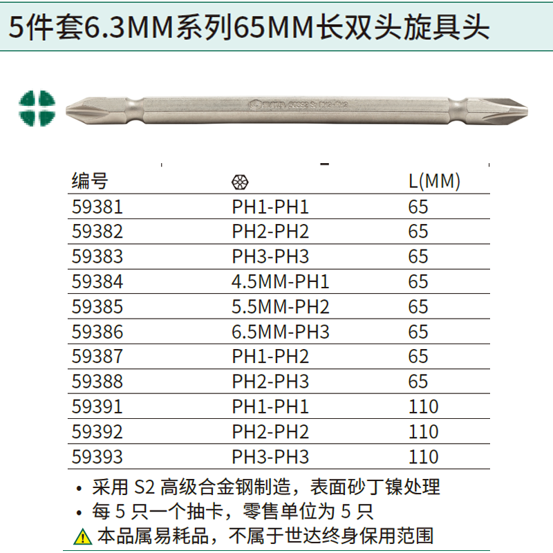 [59393] 5件套6.3MM系列110MM长双头旋具头#3/#3