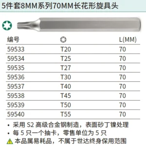 [59538] 5件套8MM系列70MM长花形旋具头T45