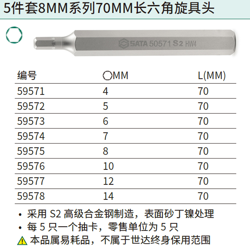 [59575] 5件套8MM系列70MM长六角旋具头8MM