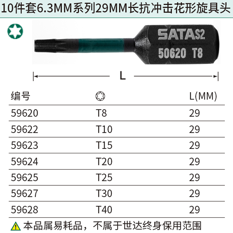 [59628] 10件套6.3MM系列29MM长抗冲击花形旋具头T40
