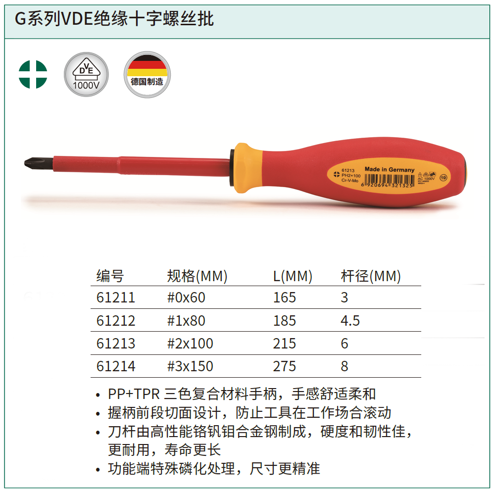 [61211] G系列VDE绝缘十字螺丝批#0x60MM