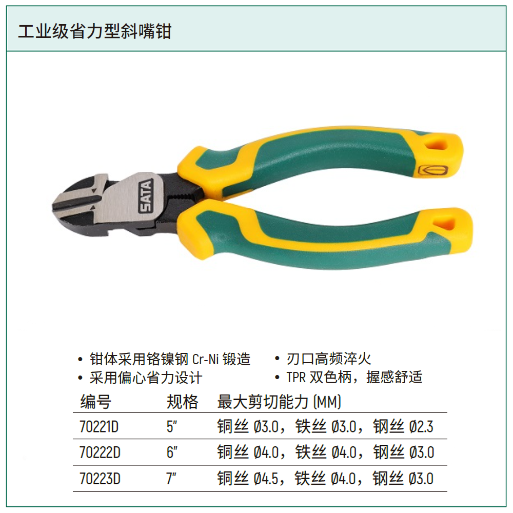 [70221D] 工业级省力型斜嘴钳5″