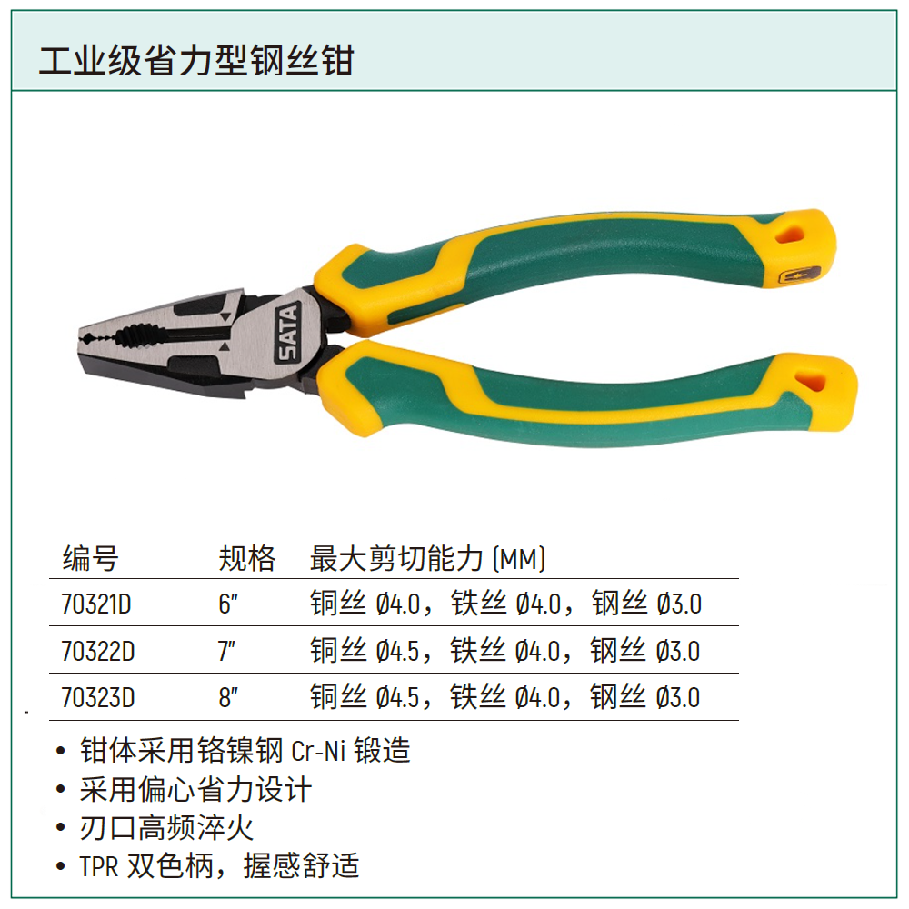 [70322D] 工业级省力型钢丝钳7″