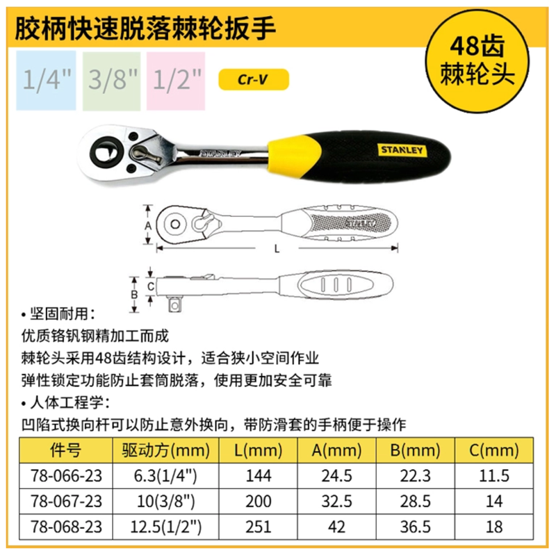 [78-068-23] 12.5mm系列胶柄快速脱落棘轮扳手