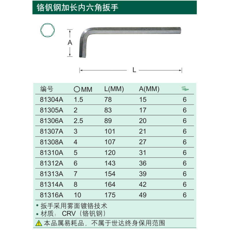 [81307A] 铬钒钢加长内六角扳手3MM