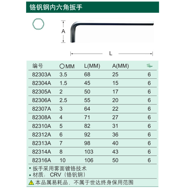 [82313A] 铬钒钢内六角扳手7MM