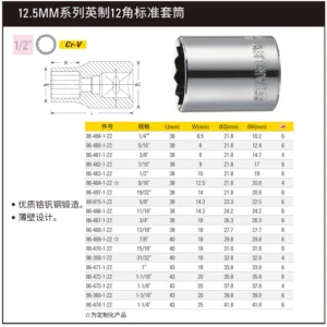 [86-463-1-22] 12.5MM系列英制12角标准套筒1/2"