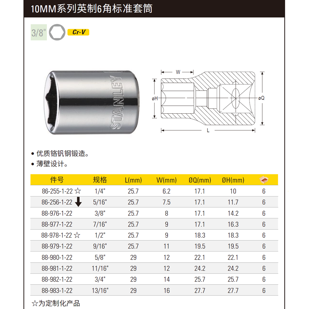 [88-980-1-22] 10MM系列英制6角标准套筒5/8″(定制化)