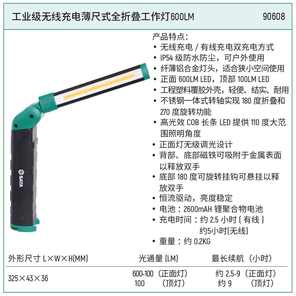 [90608] 工业级无线充电薄尺式全折叠工作灯600LM