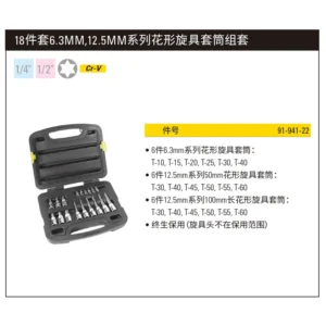 [91-941-22] 18件套6.3MM,12.5MM系列花形旋具套筒组套