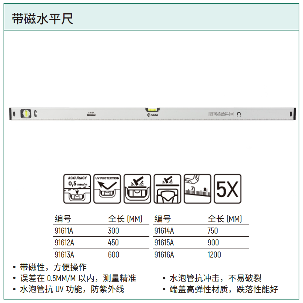 [91616A] 带磁水平尺1200MM/48″