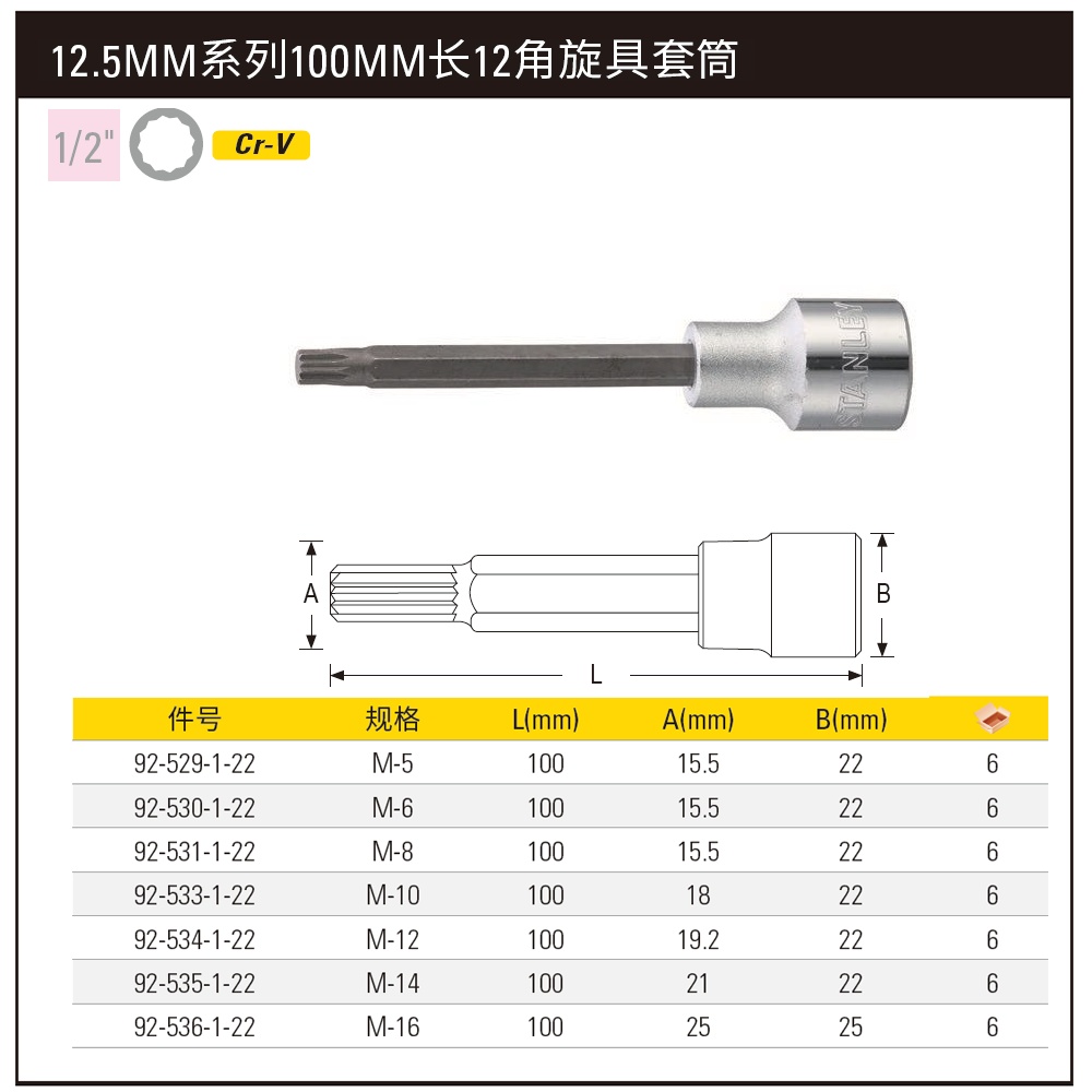 [92-530-1-22] 12.5MM系列100mm长12角旋具套筒M-6