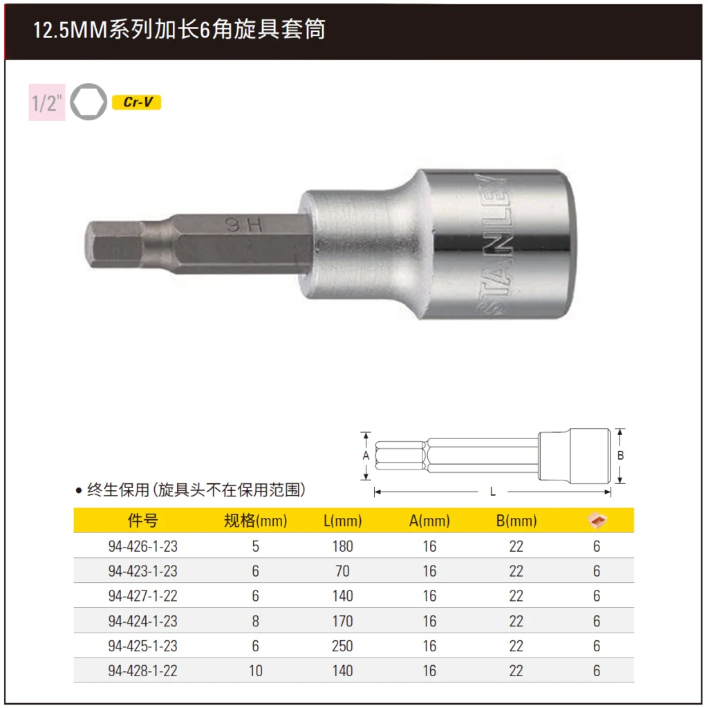 [94-426-1-23] 12.5MM系列加长6角旋具套筒5x180mm