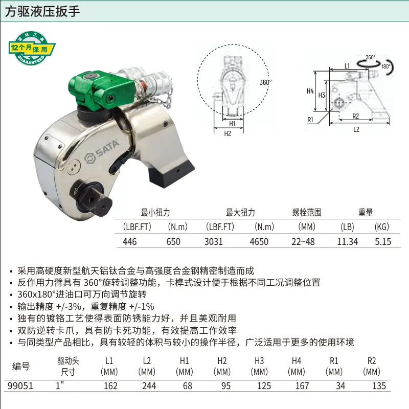 [99051] 1″方驱液压扳手650-4650Nm