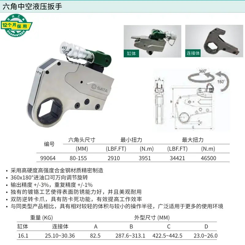 [99064] 3-1/8″~6-1/8″六角中空液压扳手3950~46500 N.m