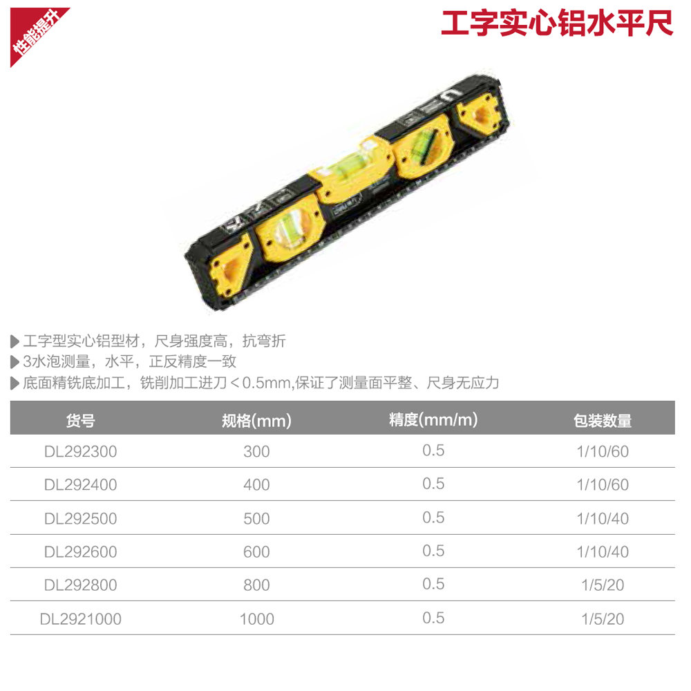 [DL2921000] 水平尺1000mm工字实心铝0.5mm/m(黄)