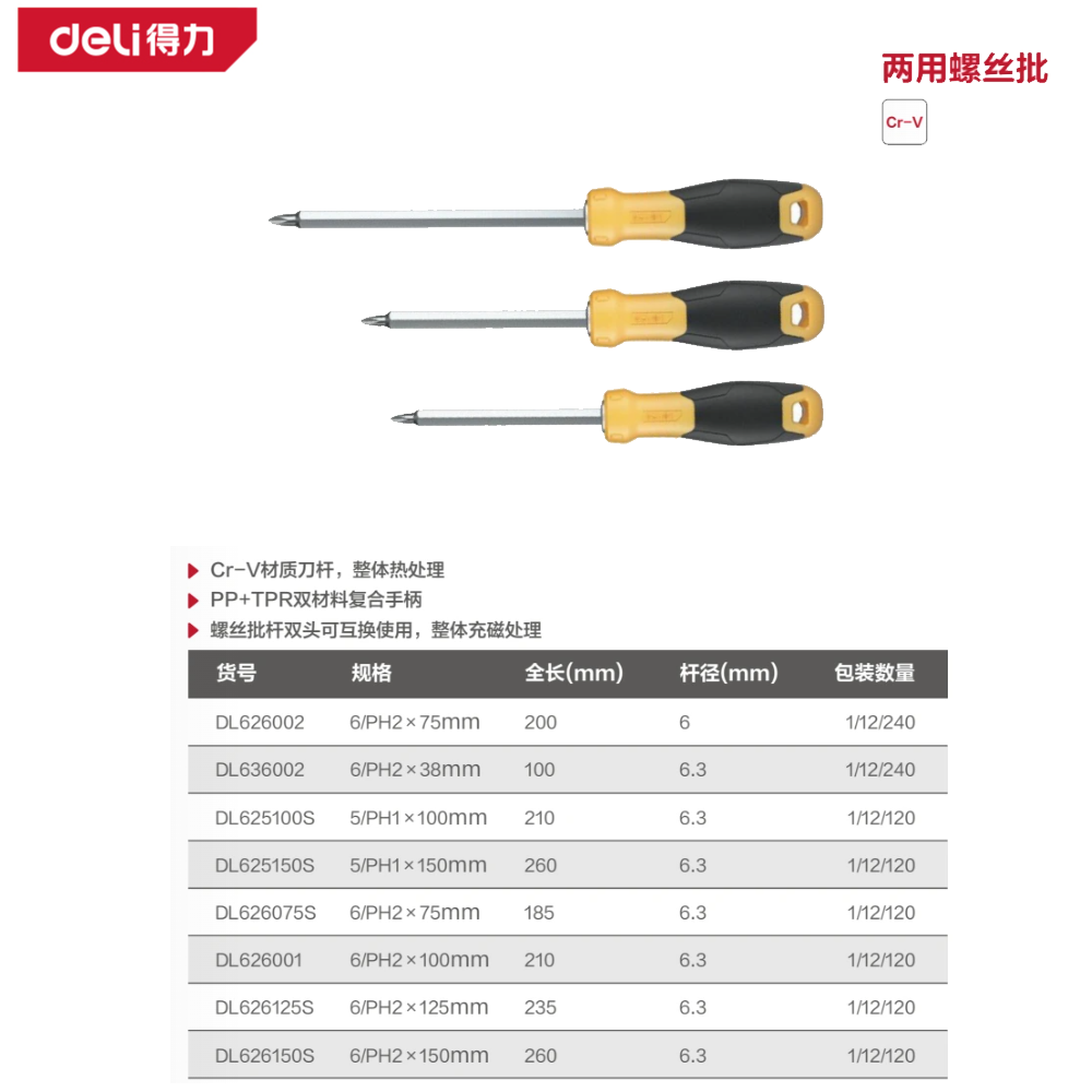 [DL626125S] 两用螺丝批6/PH2x125mm铬钒钢(黄)(把)