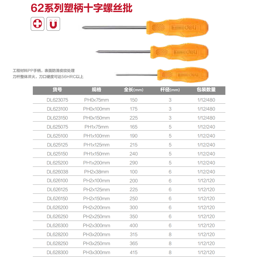 [DL626300] 塑柄十字螺丝批PH2x300mm(黄)(把)