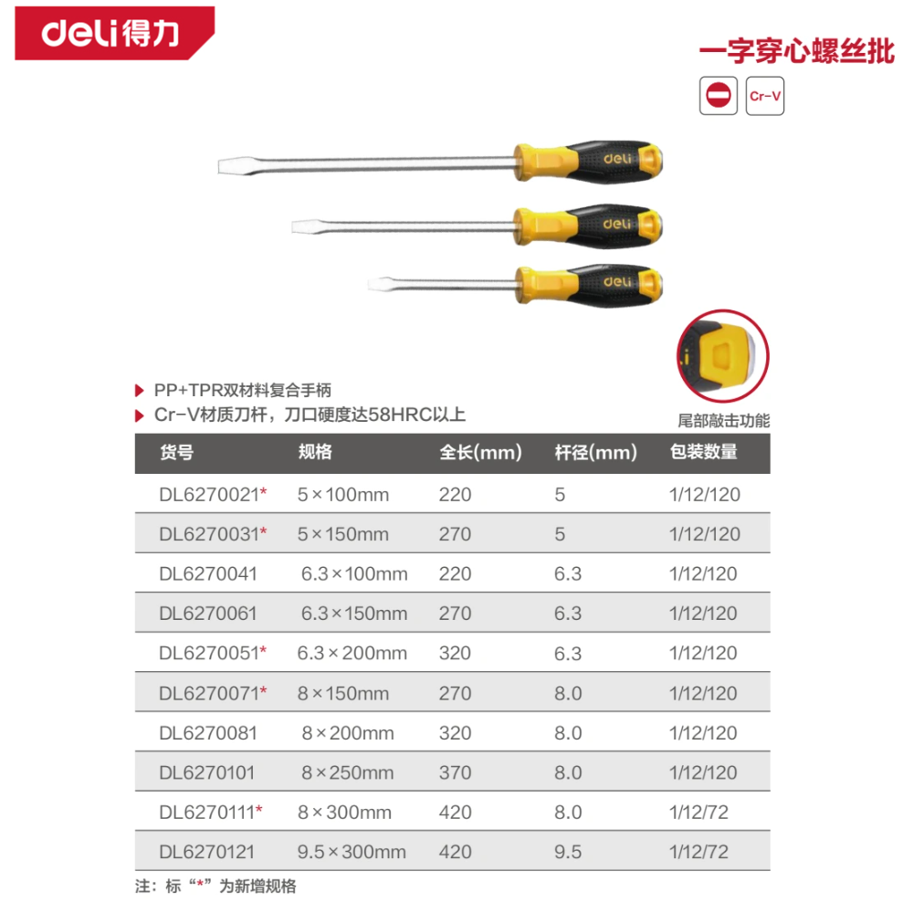 [DL6270041] 穿心一字螺丝批6.3x100mm铬钒钢(黄)(支)