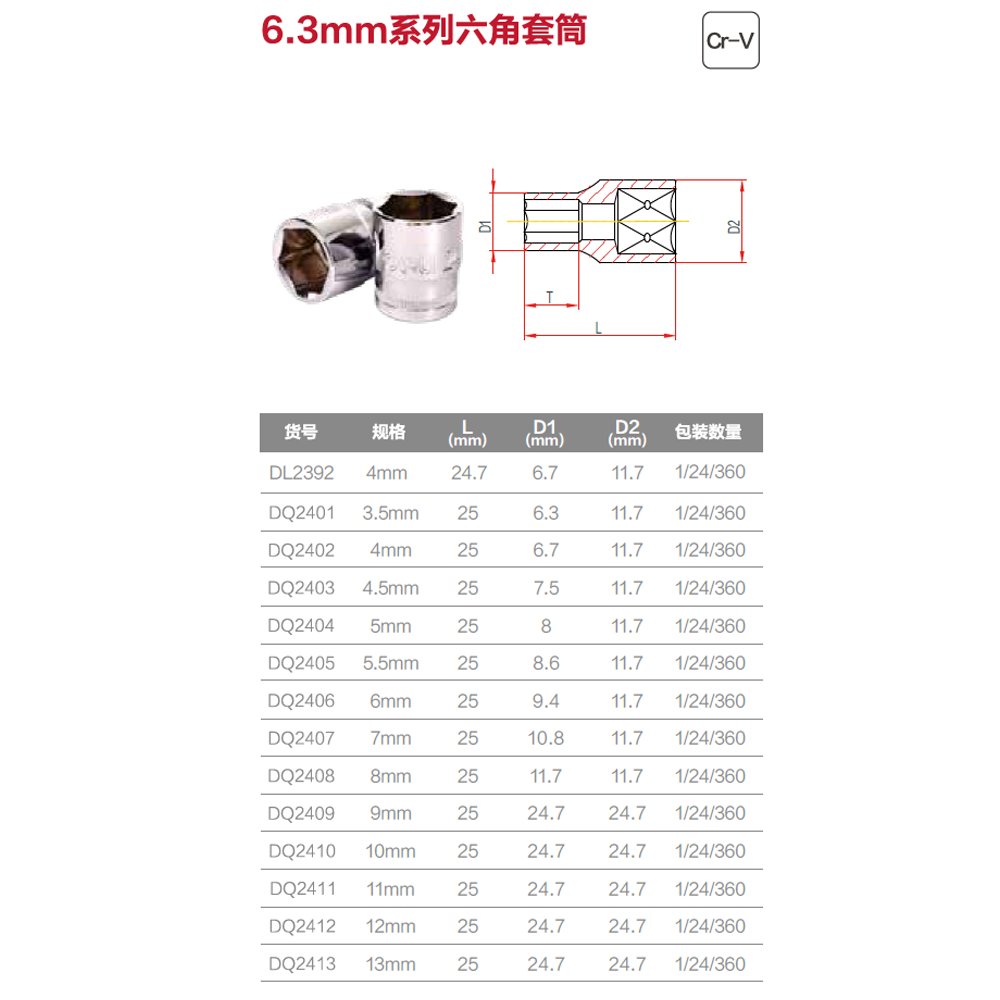 [DQ2413] (终保)6.3mm系列六角套筒13mm(银)(支)