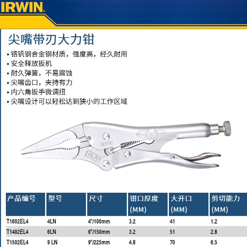 [OW-T1502EL4] 尖嘴带刃大力钳9″/225mm 9 LN
