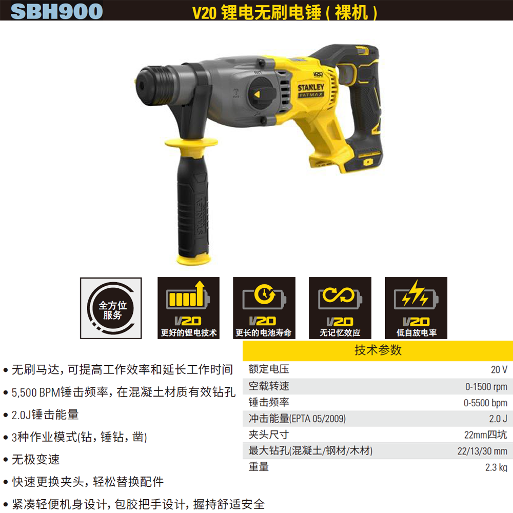 [SBH900-A9] 20V 锂电无刷电锤（纸箱）裸机