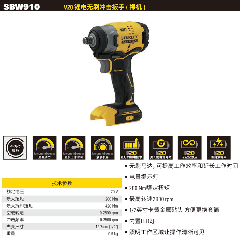 [SBW910-A9] 20V 锂电充电式冲击扳手（裸机）