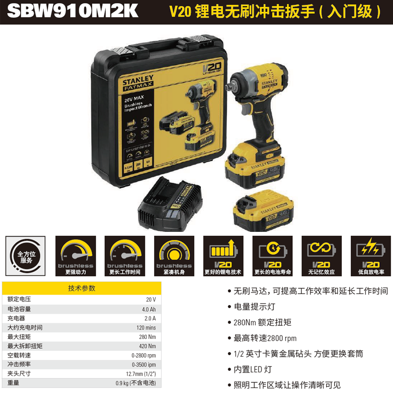 [SBW910M2K-A9] 20V 锂电充电式冲击扳手（入门级） 2 x 4.0Ah 电池