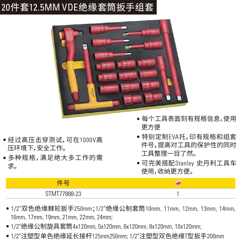 [STMT77888-23] 20件套 12.5MM VDE绝缘套筒扳手组套