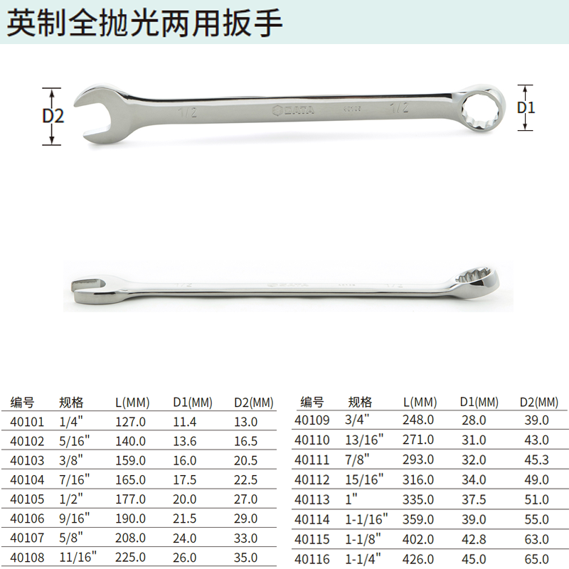 [40103] 英制全抛光两用扳手3/8″