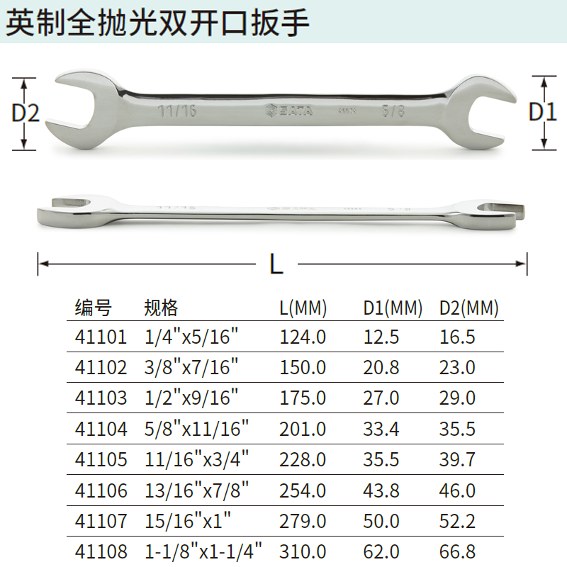 [41104] 英制全抛光双开口扳手5/8″x11/16″