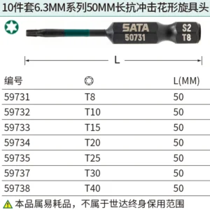 [59738] 10件套6.3MM系列50MM长抗冲击花形旋具头T40