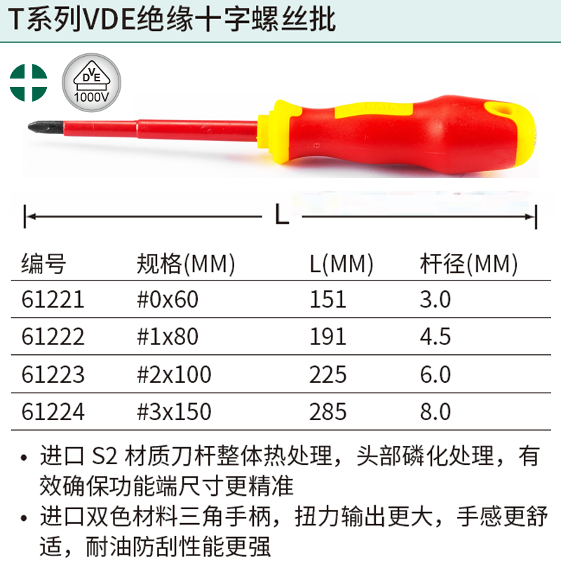 [61223] T系列VDE绝缘十字螺丝批#2x100MM