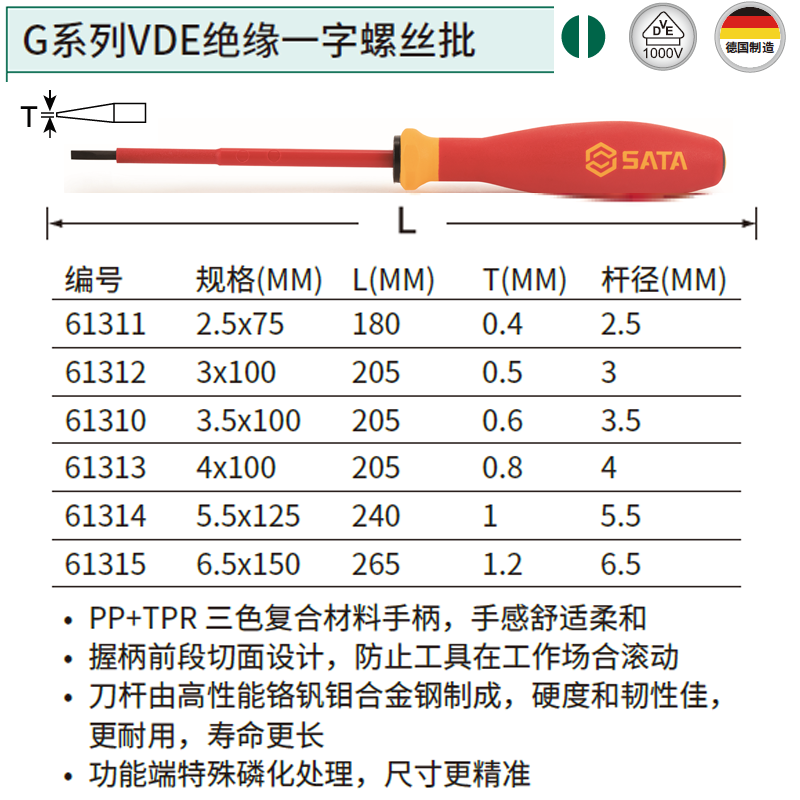 [61312] G系列VDE绝缘一字螺丝批3x100MM