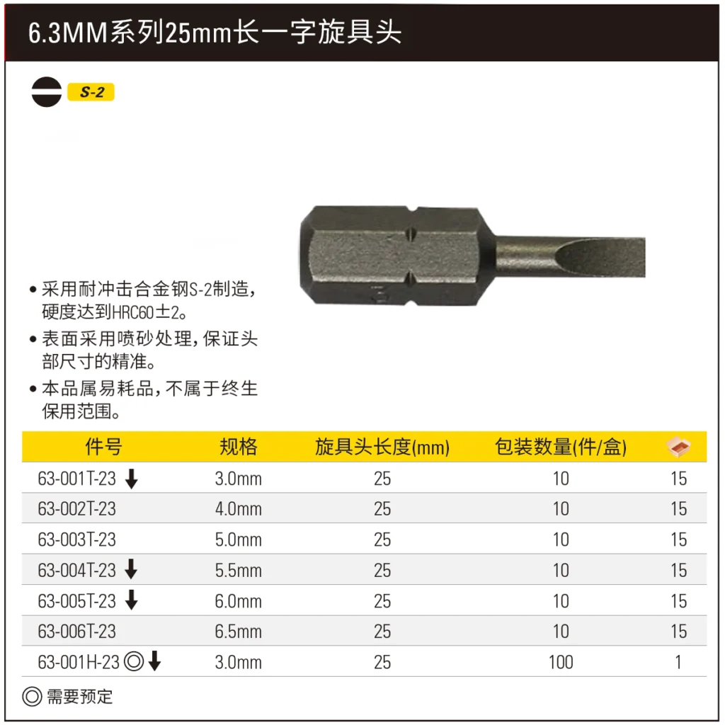 [63-003T-23] 6.3MM系列一字旋具头SL5.0x25mm(x10)